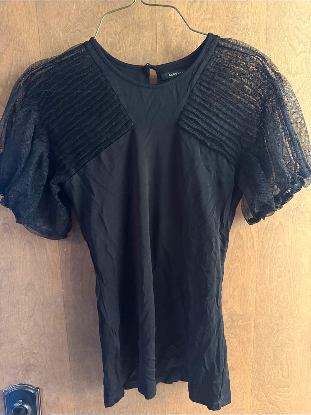 BCBGMaxAzria Black Short Sleeve Sheer Puff Sleeve Top